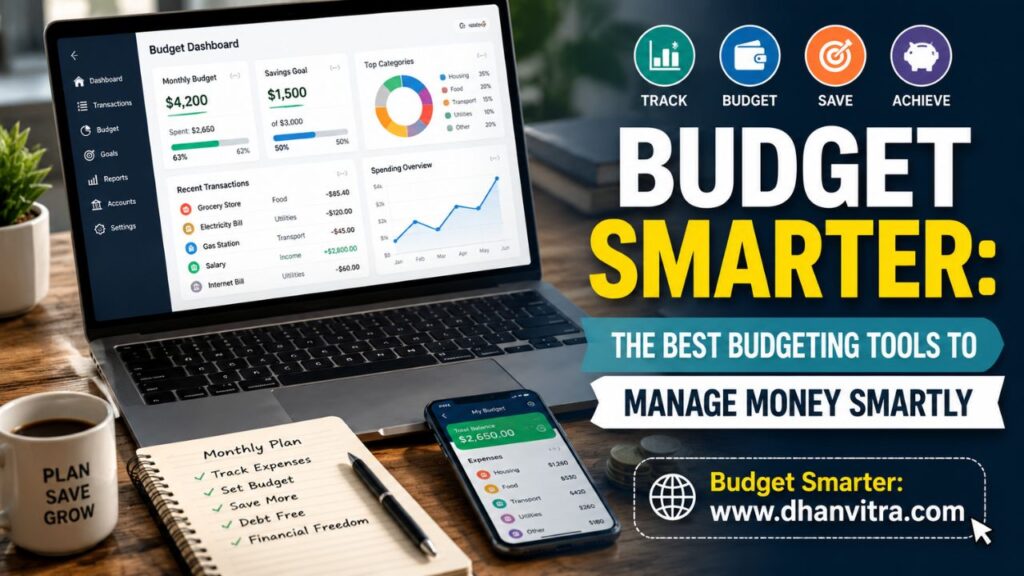 A clean and modern illustration showing popular budgeting tools on a laptop and smartphone, with charts, expense tracking dashboards, savings goals, and financial planning elements representing smart money management.