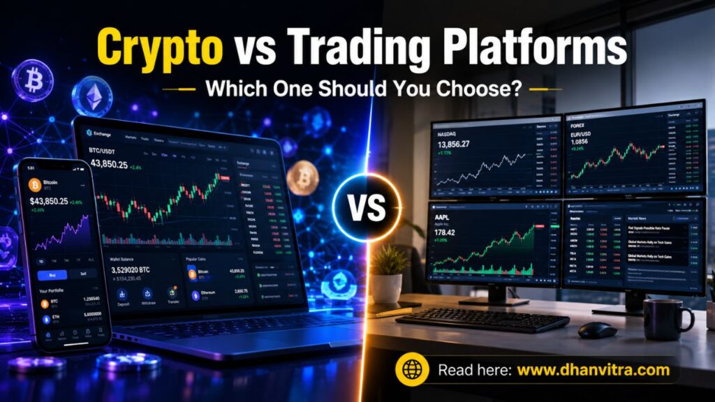 Crypto Exchanges vs Trading Platforms A side-by-side visual comparison of crypto exchanges and trading platforms showing differences in features, asset ownership, fees, and usability for beginners and traders.
