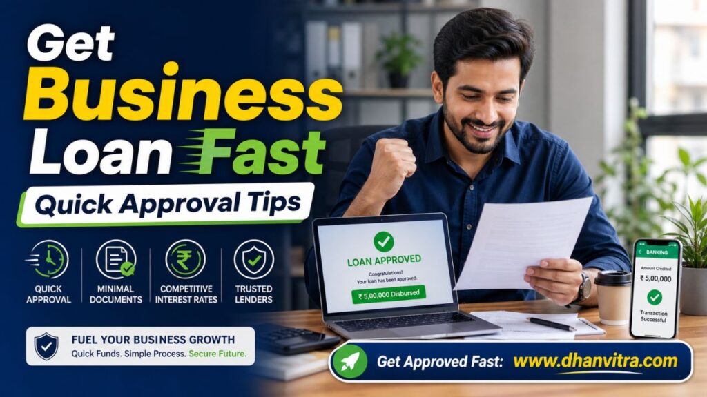 Entrepreneur reviewing documents on a laptop while applying for a fast business loan online, highlighting quick approval tips, eligibility, and financial planning for small businesses.