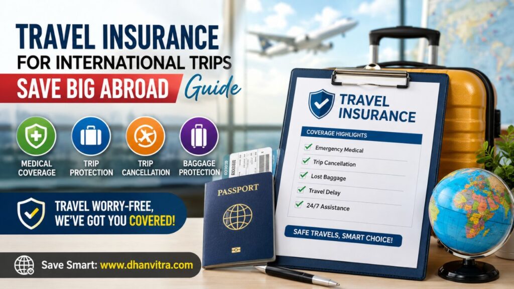 Traveler at an international airport comparing travel insurance plans on a smartphone, highlighting cost savings, medical coverage, and trip protection for overseas travel.