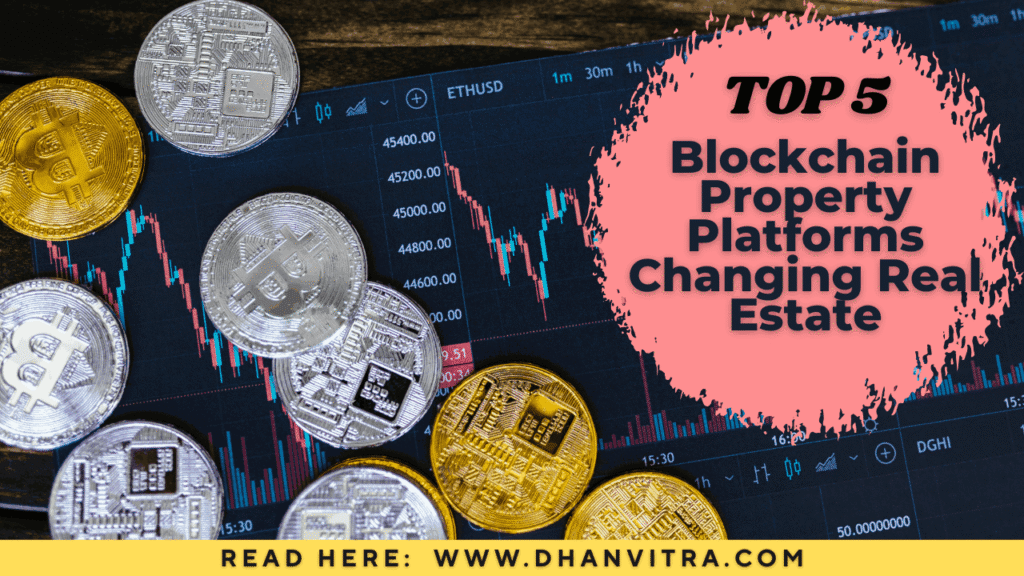 Illustration of digital blockchain technology applied to real estate transactions representing the top 5 blockchain property platforms changing real estate.
