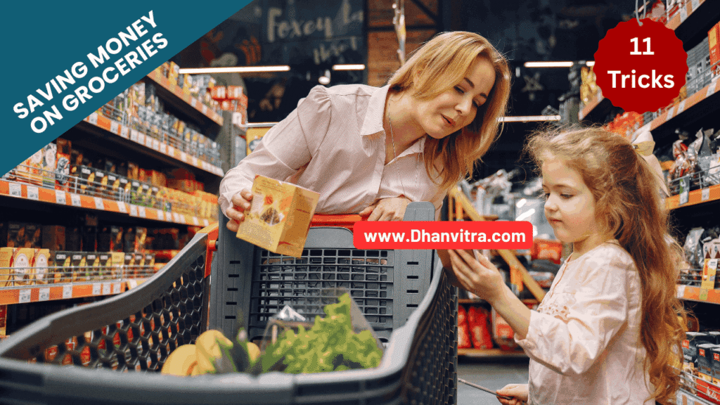 Saving Money on Groceries: Woman using a grocery list and calculator to save money while shopping for groceries.
