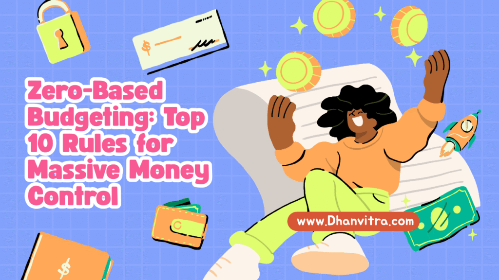 Illustration of zero-based budgeting with money management, charts, and a person organizing finances for complete control