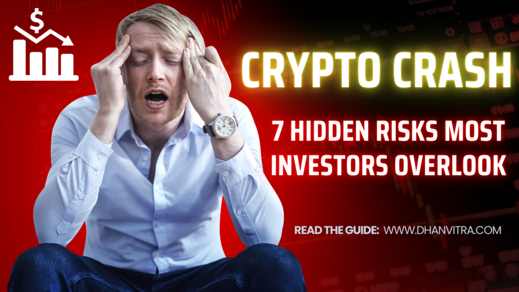 Crypto crash illustration showing falling Bitcoin and Ethereum prices with red market charts highlighting hidden risks investors often overlook
