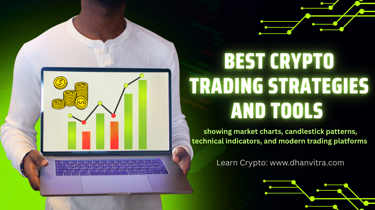 Best crypto trading strategies and tools showing market charts, candlestick patterns, technical indicators, and modern trading platforms used by global cryptocurrency traders