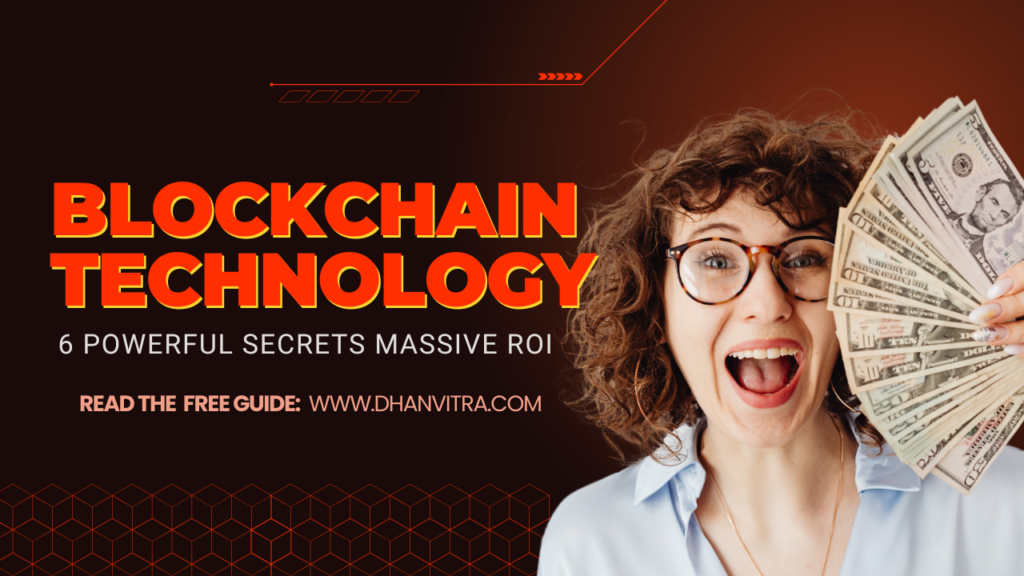 Illustration of blockchain technology showing decentralized network, digital blocks, and cryptocurrency symbols for massive ROI.