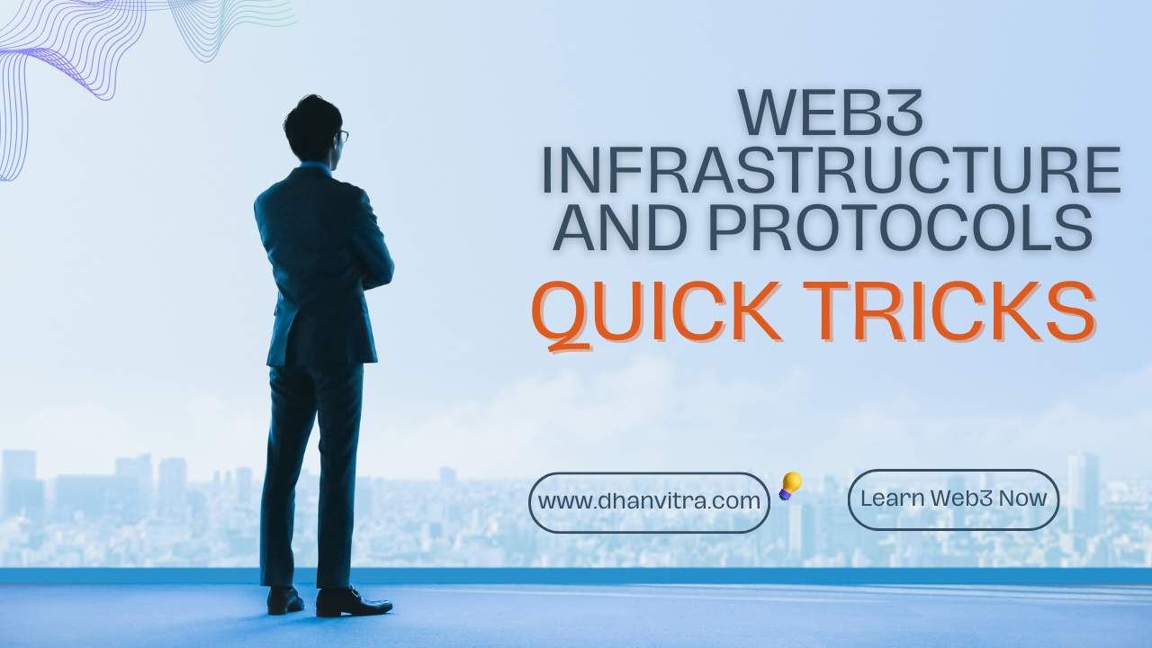 Web3 infrastructure showing blockchain networks, smart contracts, and cross-chain protocols with icons representing modularity, scalability, and interoperability for decentralized applications.