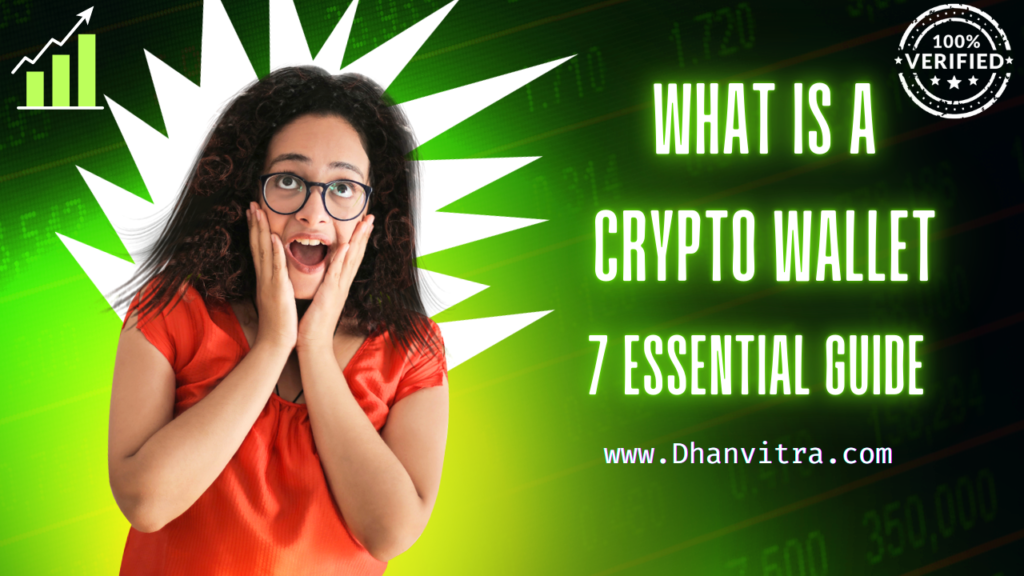 What is a Crypto Wallet ? of a digital crypto wallet showing Bitcoin and Ethereum coins with security features, representing a 7-step guide for beginners.
