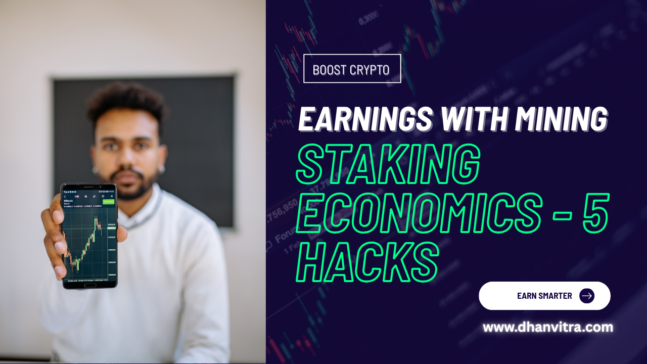 A visual showing crypto mining rigs and staking nodes connected to digital coins and upward profit charts, representing strategies to boost earnings through crypto mining and staking economics.