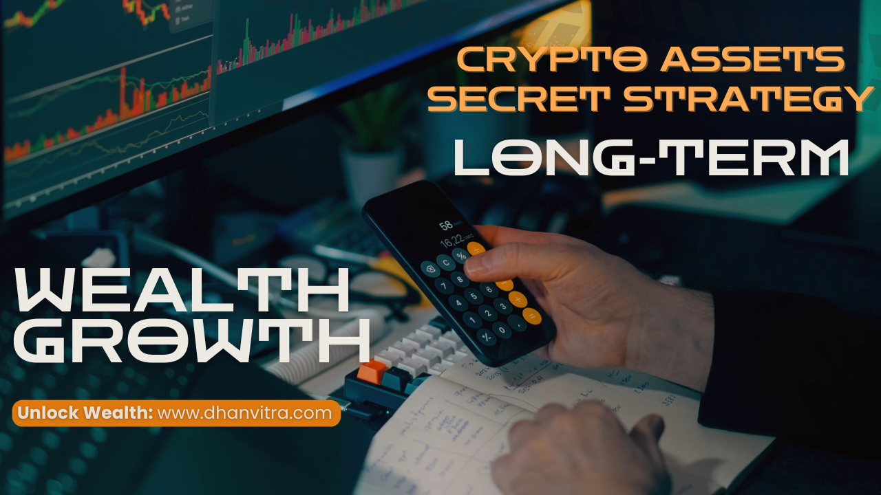 Digital of glowing crypto coins, blockchain network connections, financial growth charts, and a strategic roadmap symbolizing a secret Crypto Assets investment strategy for long-term wealth building and passive income.