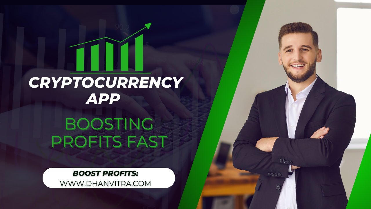 A modern cryptocurrency app dashboard on a smartphone showing rising profit charts, real-time market alerts, and digital coins, representing fast profit growth through smart crypto investing.