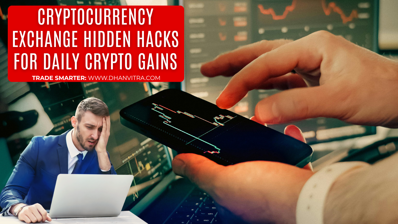A professional illustration showing a cryptocurrency exchange dashboard with rising charts, Bitcoin and altcoin icons, trading tools, and profit indicators symbolizing hidden hacks for massive daily crypto gains.