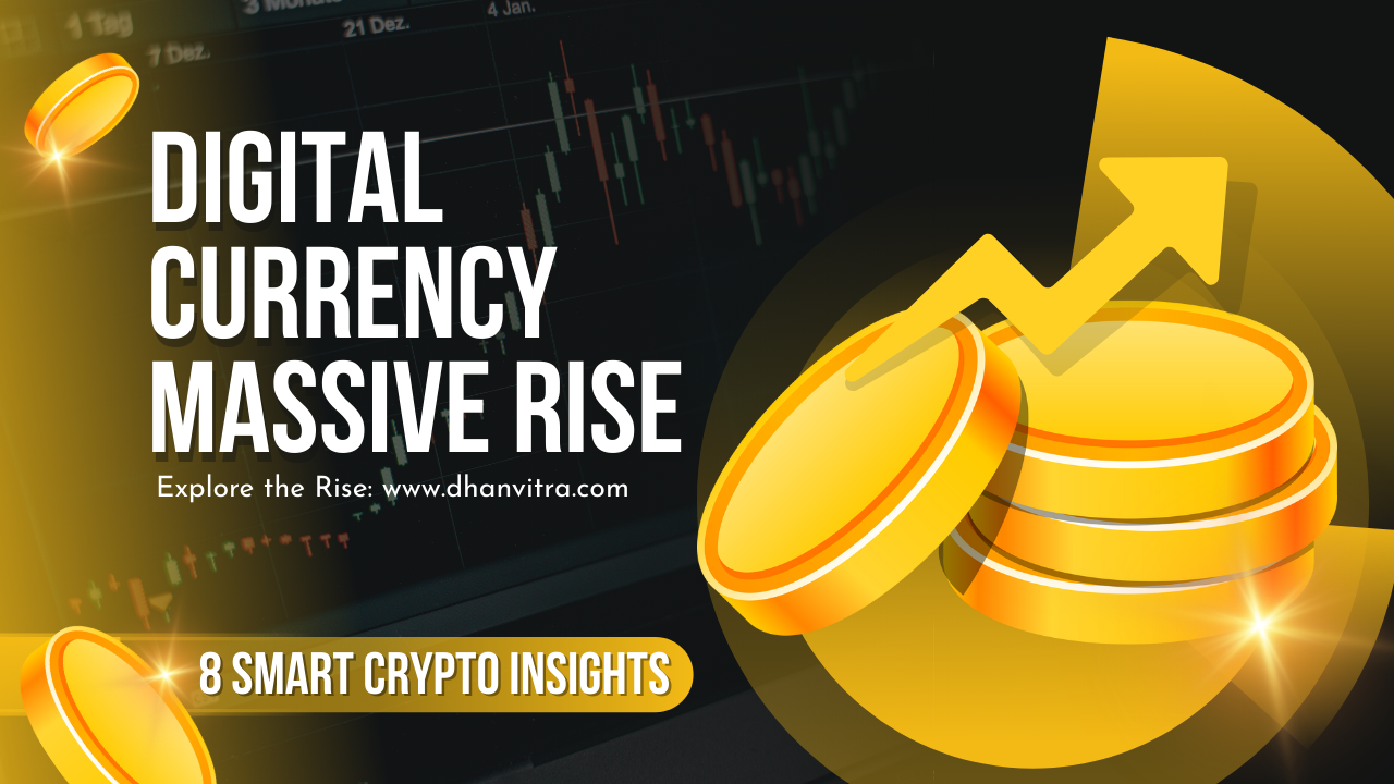 Illustration of rising digital currency growth with Bitcoin, Ethereum, blockchain network connections, upward financial graph, and global map background representing the massive rise of digital currency adoption