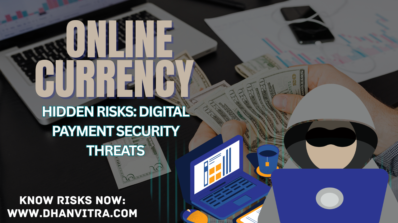A realistic showing a person using a smartphone digital wallet with online currency symbols and cryptocurrency icons surrounded by warning signs representing hidden risks of online payments, cyber threats, financial scams, and privacy issues in digital transactions.