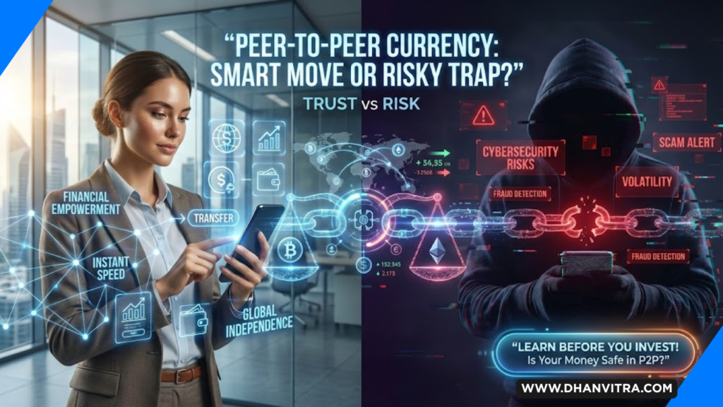 peer-to-peer currency exchange showing two users transferring cryptocurrency through blockchain technology with icons of decentralized finance, security shield, and market volatility graph, representing the risks and benefits of P2P payments.