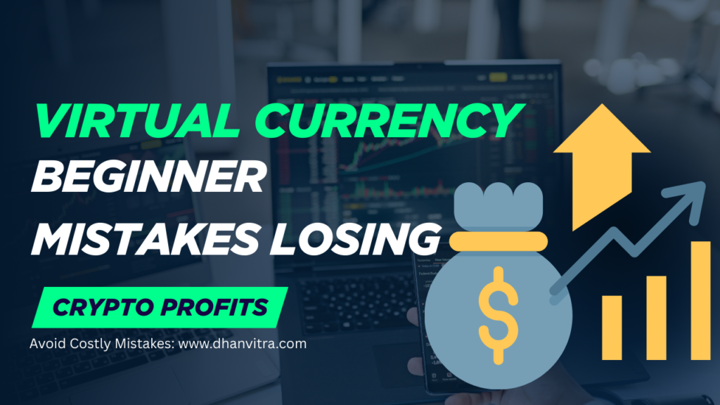 A worried beginner investor looking at a falling virtual currency chart on a laptop screen with red market candles, symbolizing dangerous crypto trading mistakes and lost beginner profits.