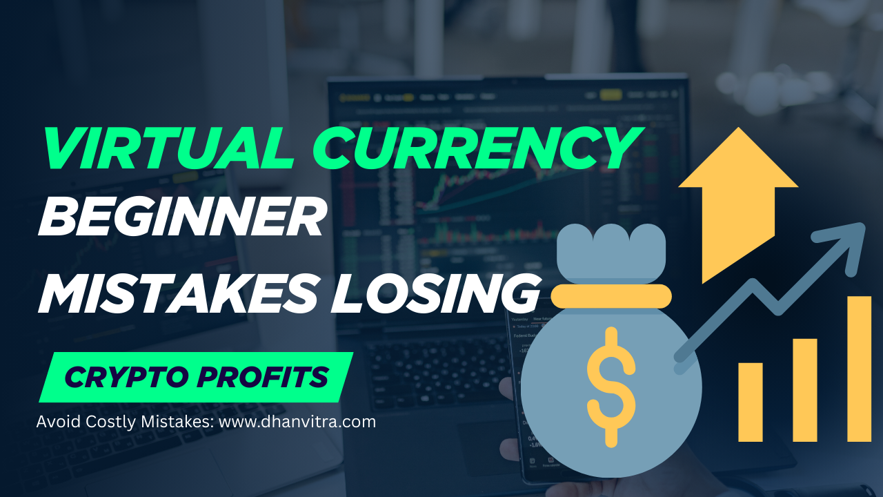 A worried beginner investor looking at a falling virtual currency chart on a laptop screen with red market candles, symbolizing dangerous crypto trading mistakes and lost beginner profits.