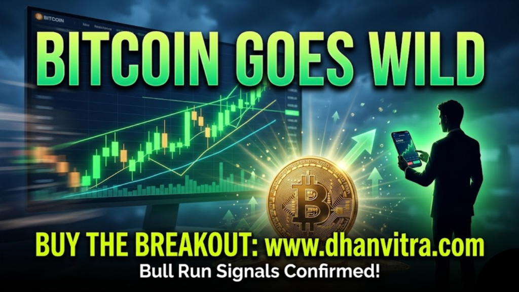 A dramatic upward Bitcoin goes wild price chart glowing in green with explosive bullish signals, digital trading screens in the background, and a golden Bitcoin symbol rising sharply, representing a powerful crypto market rally and massive potential gains.
