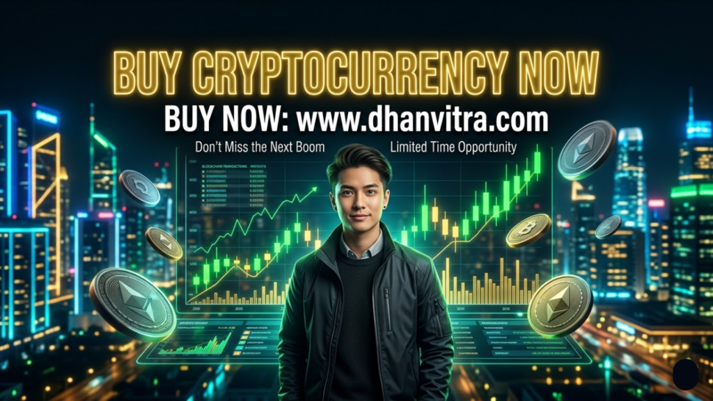 A confident investor holding a smartphone showing rising buy cryptocurrency charts with Bitcoin and Ethereum symbols glowing in the background, representing crypto investment growth and wealth creation opportunities.