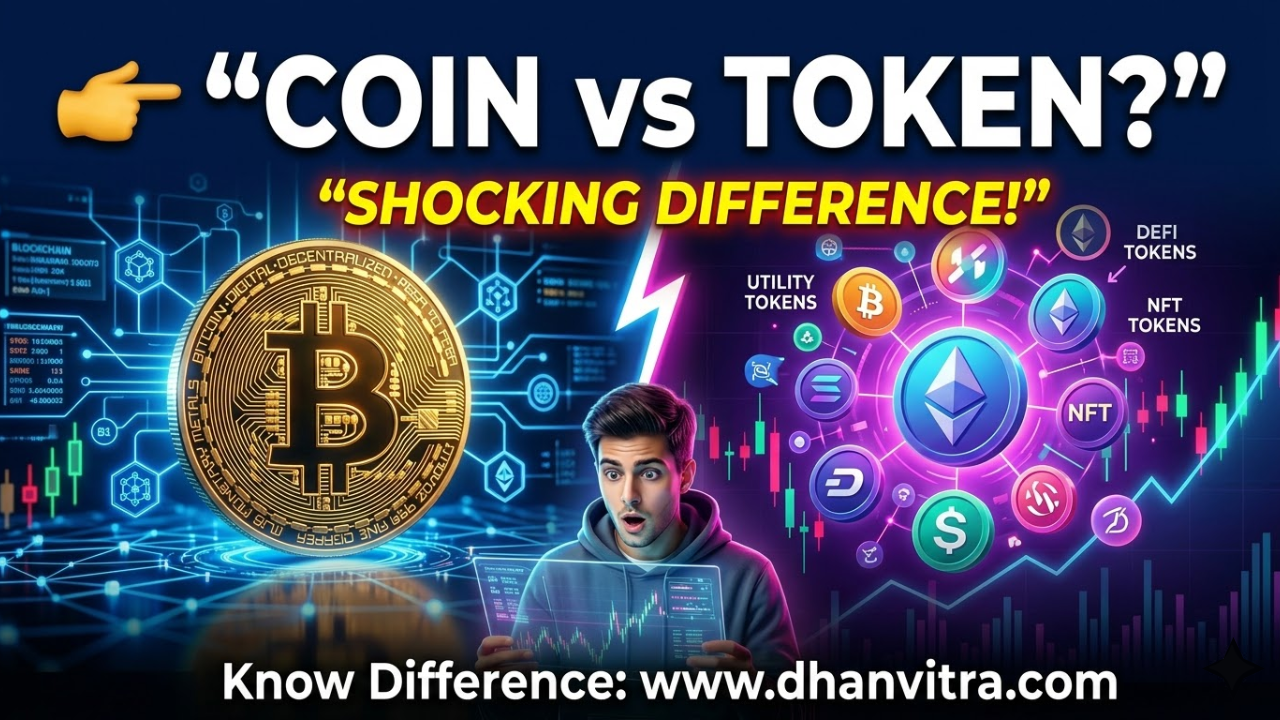 A visually engaging comparison graphic showing the difference between cryptocurrency Coin vs Token, including examples like Bitcoin and Ethereum-based tokens, designed for beginner and advanced crypto traders to understand key distinctions.
