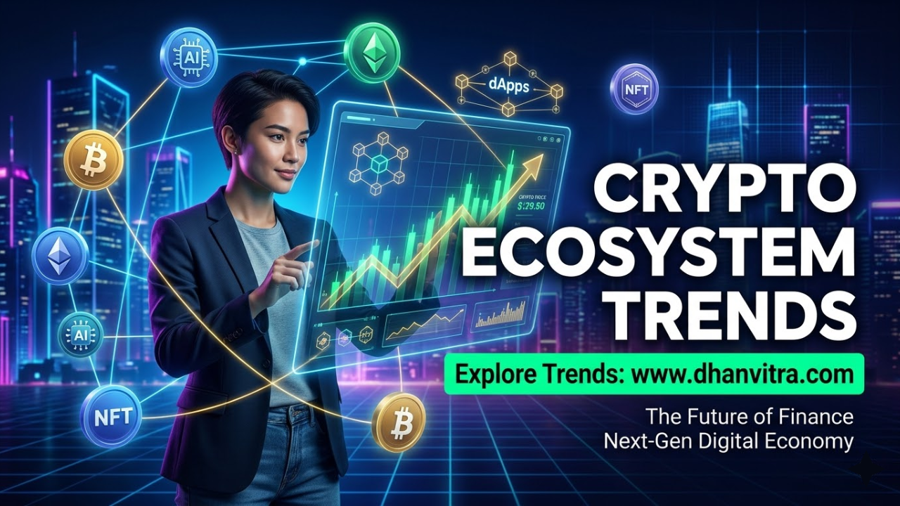 A futuristic illustration of the crypto ecosystem showing blockchain networks, digital coins, DeFi platforms, AI integration, and Web3 gaming elements, highlighting the top 5 emerging crypto trends.