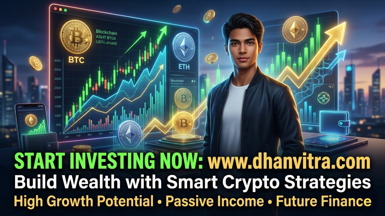 A modern digital illustration of cryptocurrency investment growth showing Bitcoin, Ethereum coins, upward financial charts, and a young investor analyzing crypto data on a laptop, representing strategies to build wealth through crypto investment.