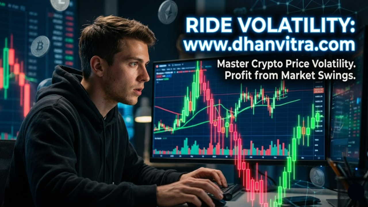 A dynamic cryptocurrency trading chart showing extreme price swings with visual indicators of fear and greed, highlighting key profit zones where traders buy low and sell high in Crypto Price Volatility markets.