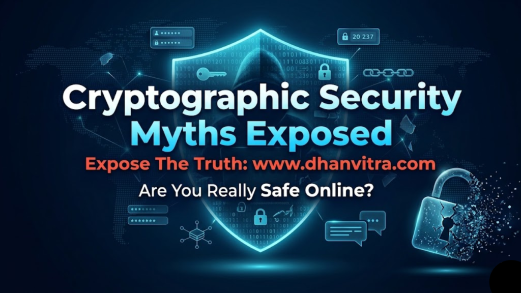 A dramatic digital illustration showing a cracked encryption shield over a glowing data lock, with binary code and shadowy cyber threat figures in the background, symbolizing cryptographic security myths that risk online privacy and data protection in 2026.