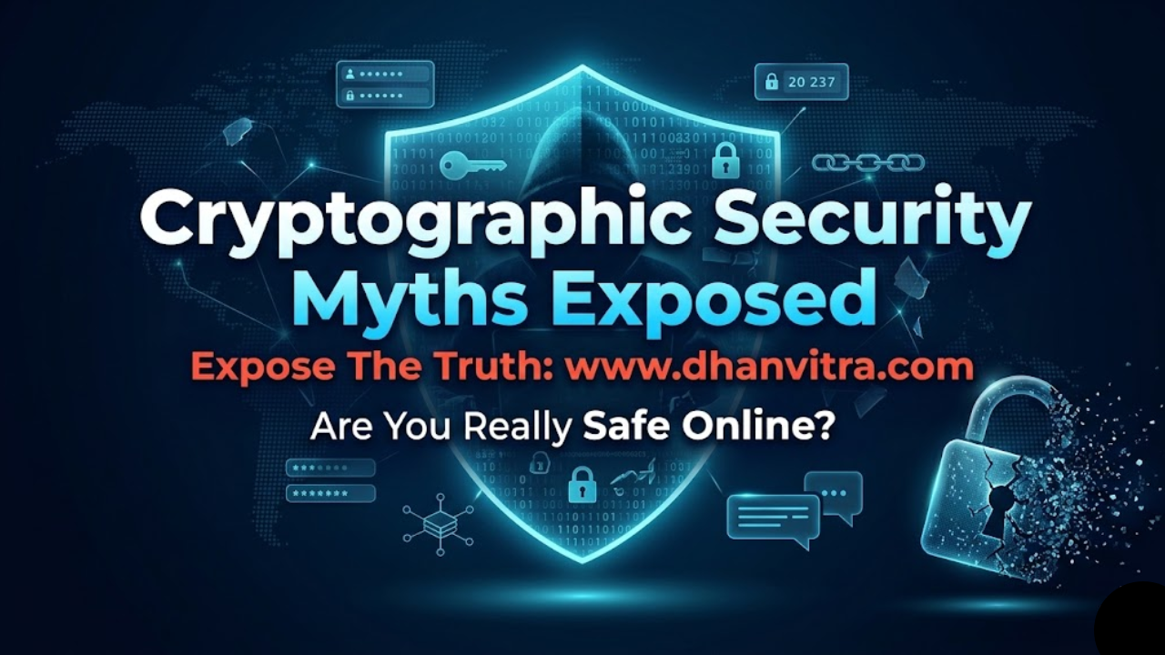 A dramatic digital illustration showing a cracked encryption shield over a glowing data lock, with binary code and shadowy cyber threat figures in the background, symbolizing cryptographic security myths that risk online privacy and data protection in 2026.