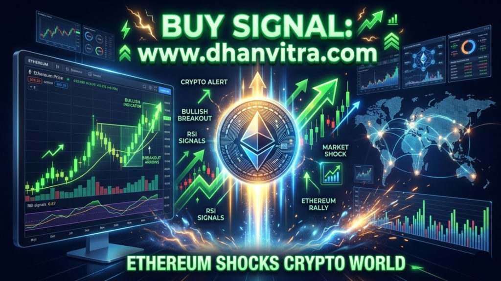 Ethereum cryptocurrency logo rising with bullish arrows and glowing market charts representing massive bullish signals in the global crypto market and investor optimism for Ethereum Shocks Crypto World.