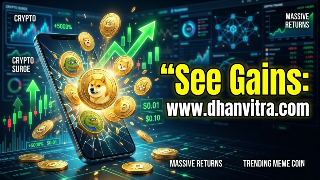 A dynamic illustration of popular meme coins skyrocketing in price charts with rockets, digital coins, and crypto market graphs symbolizing the explosive gains of meme cryptocurrencies in the global crypto market.