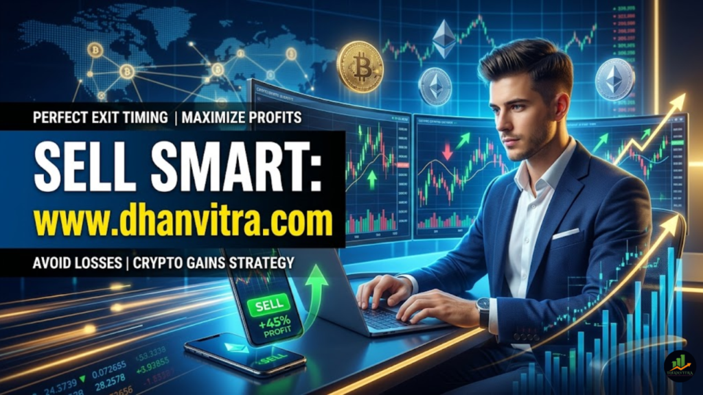 A professional illustration of a crypto trader analyzing charts on a laptop with rising Bitcoin and Ethereum graphs, symbolizing smart Sell Cryptocurrency selling strategies for maximizing profits in a volatile market.