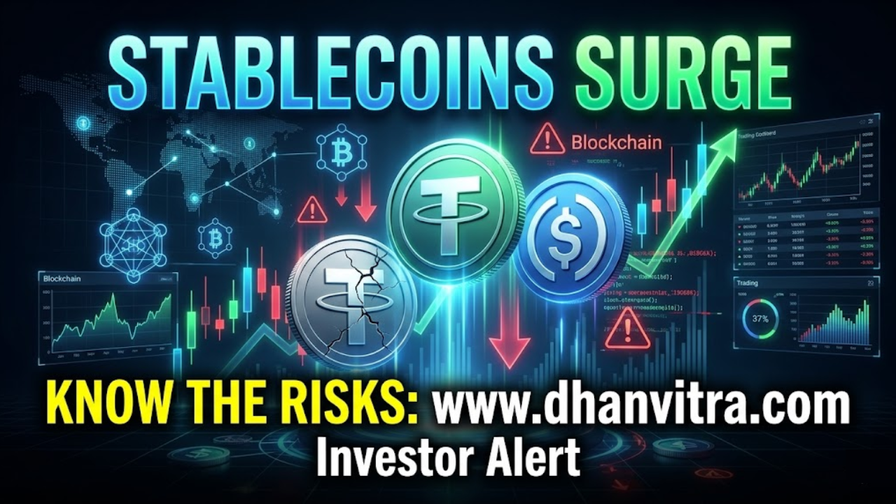 showing rising stablecoin charts, crypto coins pegged to the US dollar, and warning symbols highlighting the top risks of Stablecoins Surge, including depegging, regulation issues, and market instability in the global cryptocurrency ecosystem.