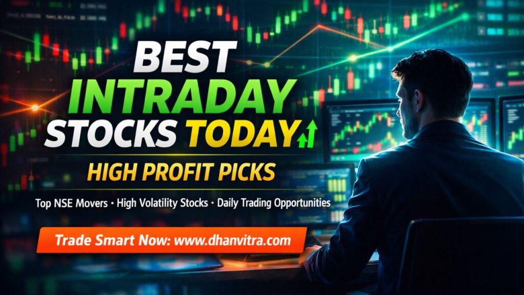 A trader analyzing stock charts on a laptop showing high volatility intraday stocks, with highlighted breakout signals, NSE market trends, and rising price graphs for best intraday stocks to buy today.