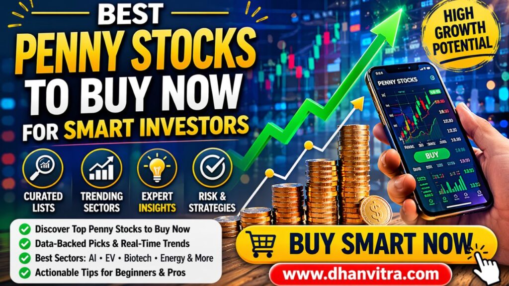 A modern stock market dashboard showing rising penny stock charts, highlighted trending stocks, and a smart investor analyzing data on a laptop, representing the best penny stocks to buy now and high-growth investment opportunities.