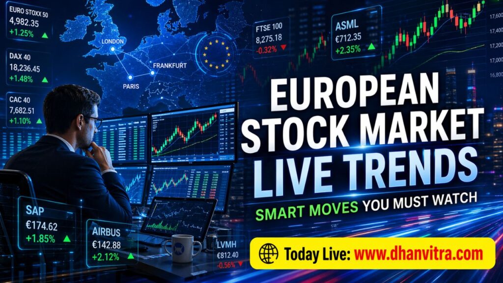European stock market today showing live index charts, rising and falling trends across major indices like STOXX Europe 600, FTSE 100, and DAX with a trader analyzing market data on screen