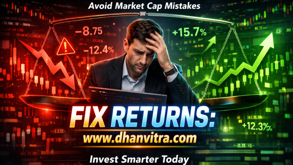A visually striking comparison of stock market investment strategies showing a falling red chart representing losses caused by market cap mistakes and a rising green chart symbolizing smart investment decisions, with icons of large-cap, mid-cap, and small-cap stocks in a modern financial dashboard.