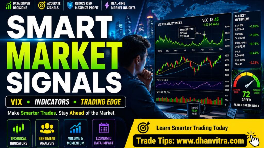 Illustration of stock market indicators including VIX volatility index, RSI chart, moving averages, and fear and greed index displayed on a trading dashboard to analyze market trends and signals