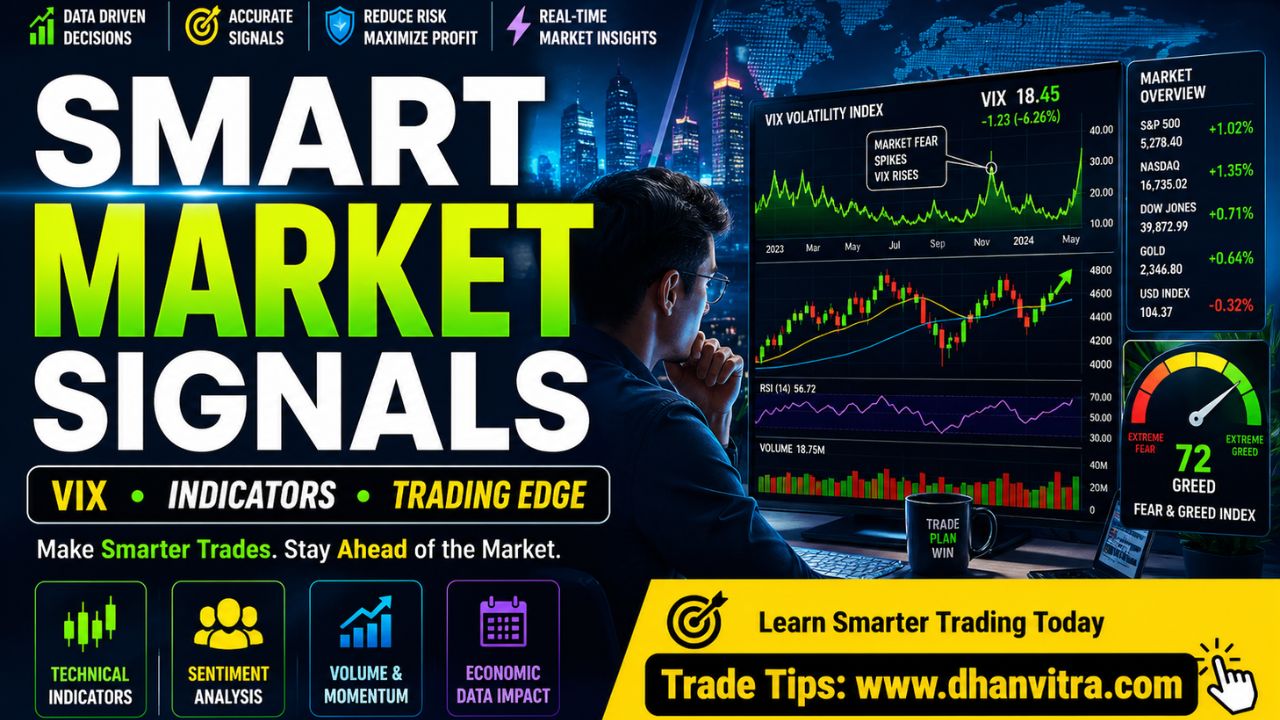 Illustration of stock market indicators including VIX volatility index, RSI chart, moving averages, and fear and greed index displayed on a trading dashboard to analyze market trends and signals
