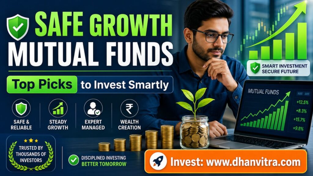 A professional investor analyzing mutual fund performance charts on a laptop, with upward growth graphs and financial data visuals representing safe mutual funds investments and stable returns.