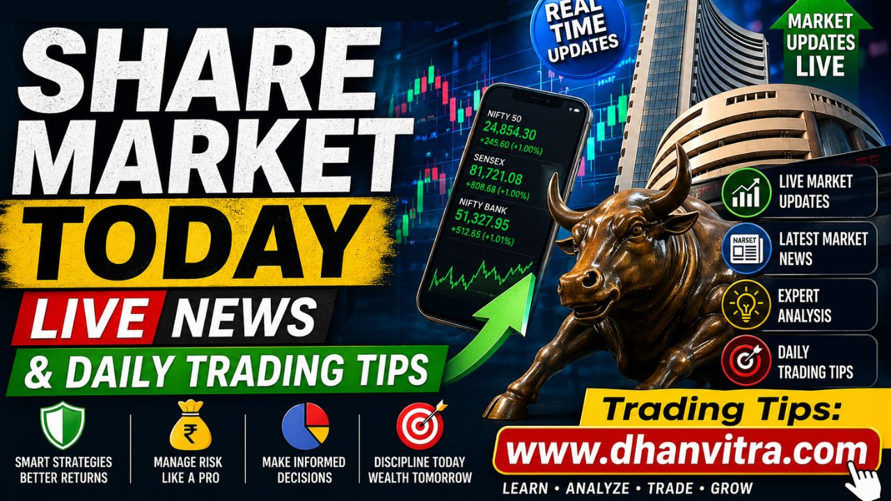 A dynamic stock market dashboard showing live share market charts, rising and falling stock graphs, and a trader analyzing real-time data on a laptop, representing share market today updates, live news, and daily trading tips.