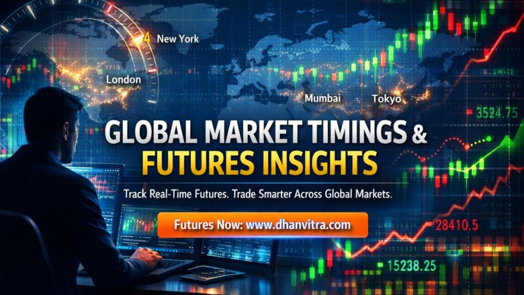 Illustration of global stock market timings with US, European, and Asian sessions alongside real-time stock market futures data, charts, and trading dashboard showing market trends and pre-market signals