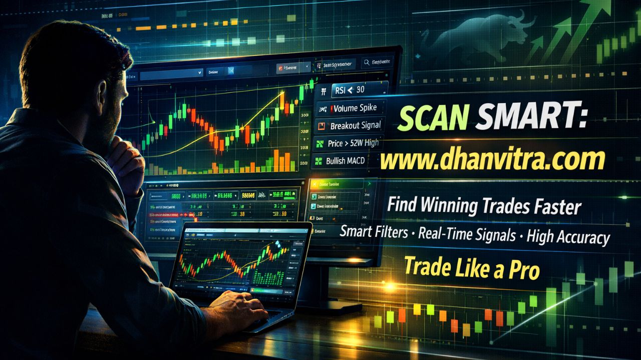 Illustration of a stock market dashboard showing charts, candlestick patterns, and filters on a stock screener used to find winning trades, including RSI, volume, and breakout signals.