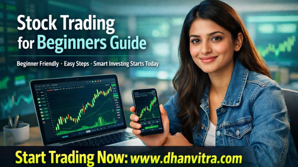 Beginner using a stock trading app on smartphone with rising stock charts and financial graphs, representing stock trading for beginners and smart investment strategies.