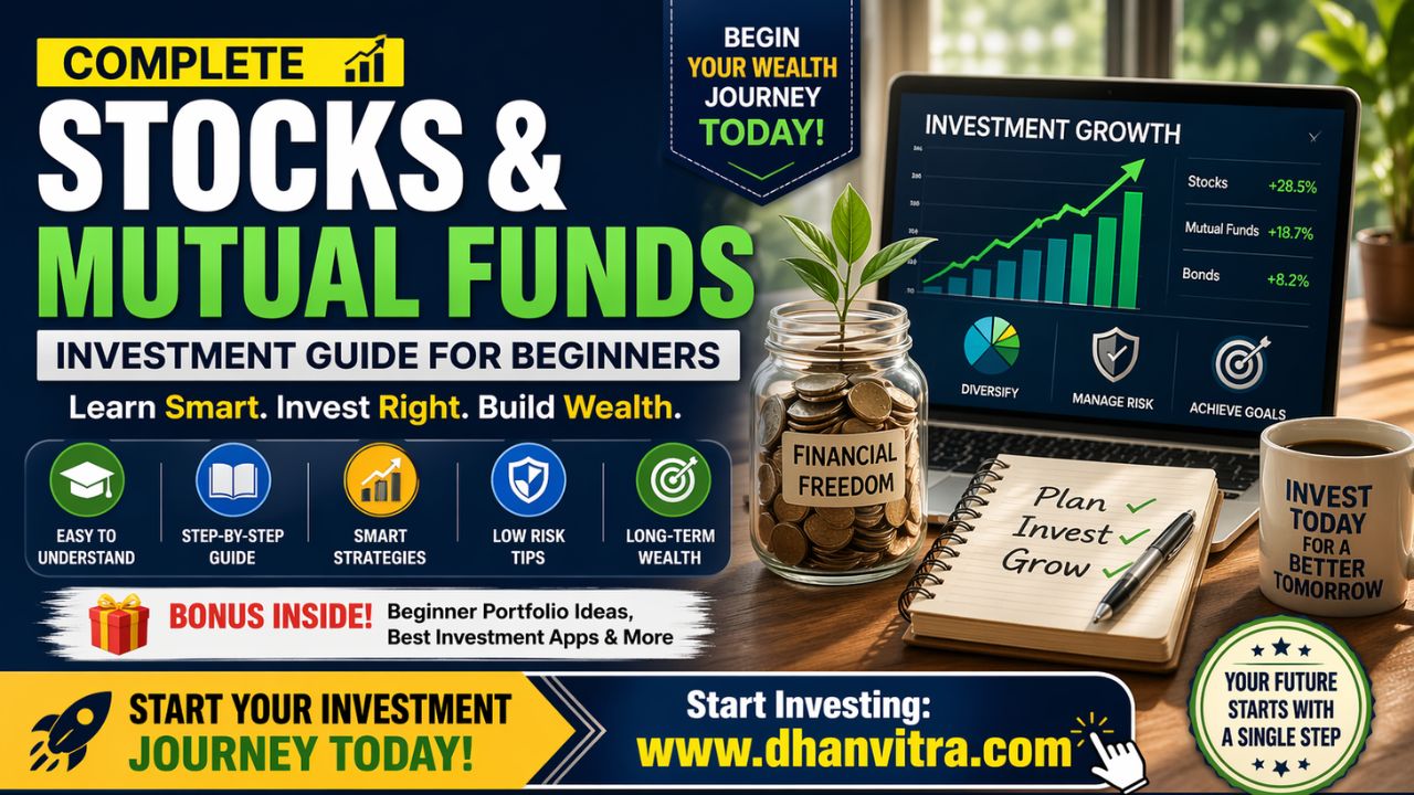 Illustration of a beginner investor analyzing stock charts and mutual fund growth with icons representing Stocks and Mutual Funds , and diversified investments for smart financial planning