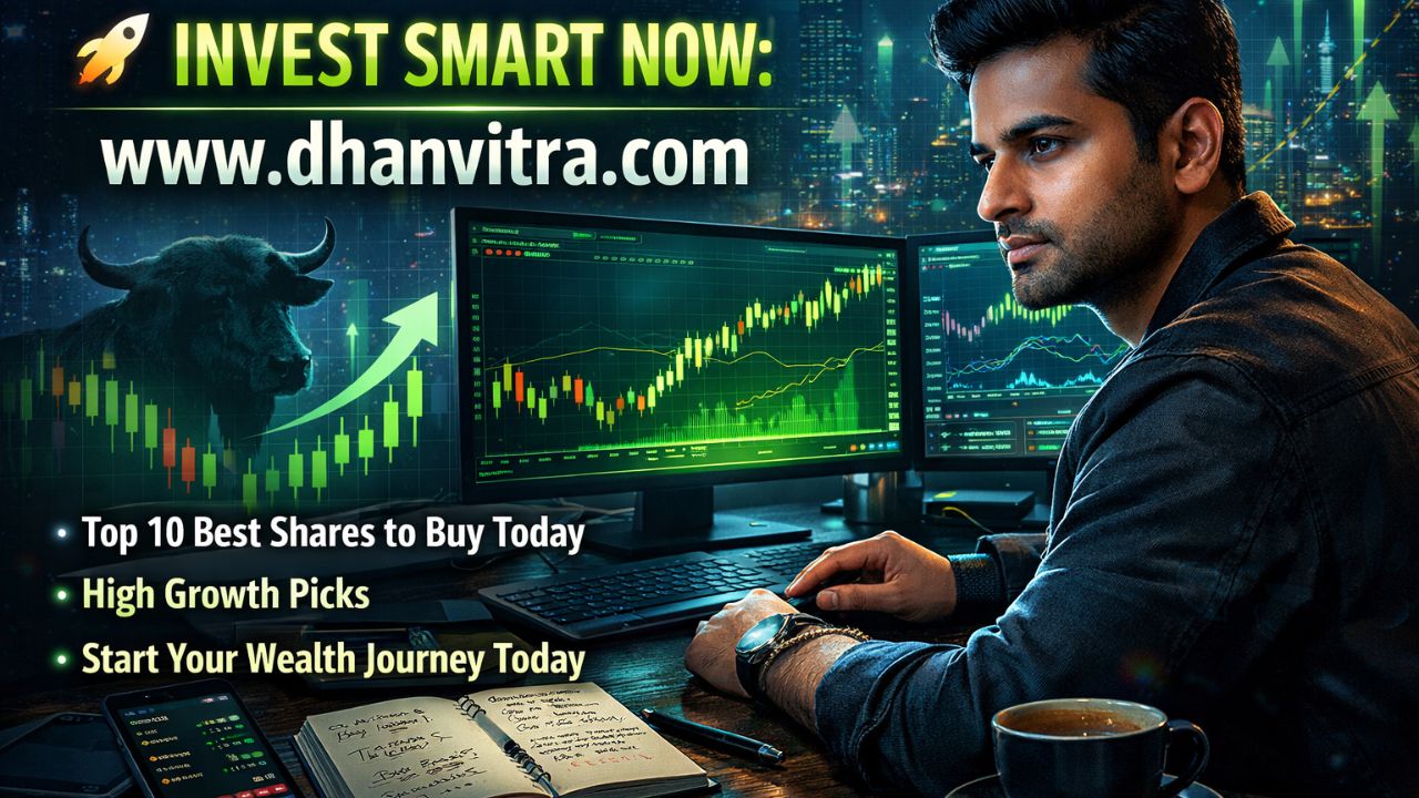 A modern stock market themed illustration showing rising charts, bullish trends, and highlighted Top 10 Best Shares to Buy Today, representing the best shares to buy today for long term and short term investment growth.